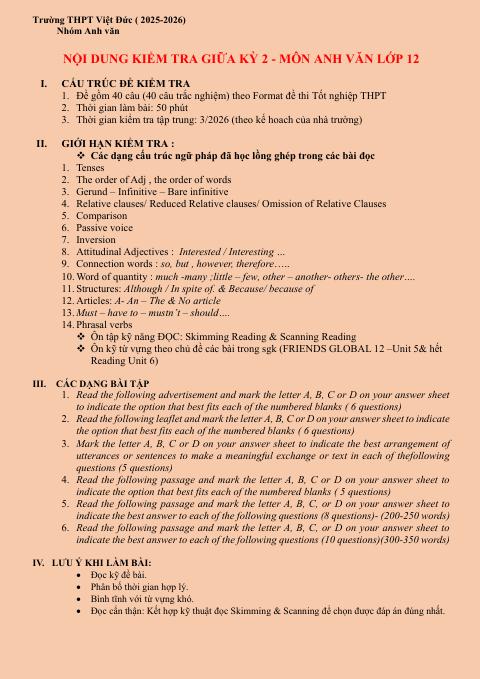 Đề cương ôn tập Giữa kì 2 Tiếng Anh 12 năm 2025–2026 trường THPT Việt Đức (Hà Nội)